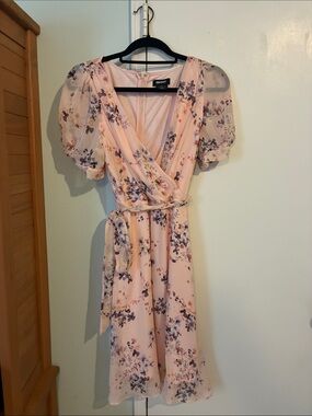 DKNY Blush Pink Floral Wrap Midi Dress